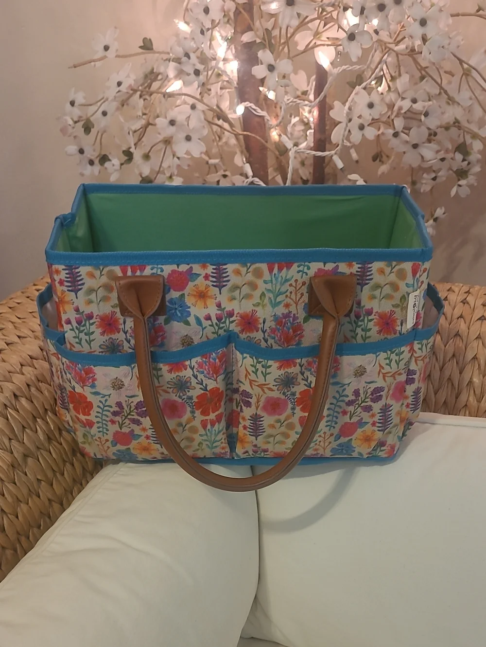 Natural Life Floral Garden Utility Tote Caddy - Blue Trim, Brown Handles